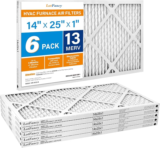 LotFancy 14x25x1 Air Filter MERV 13 6-Pack, Electrostatic Pleated HVAC Furnace