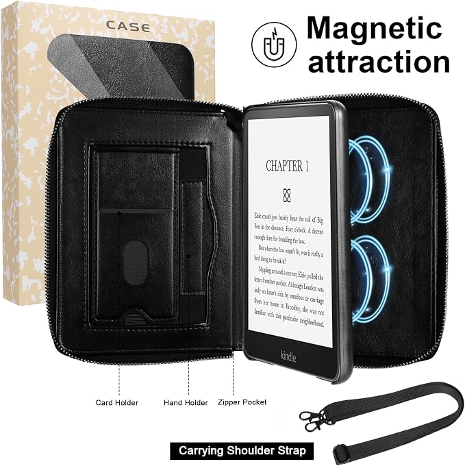 E NET-CASE Case for Kindle Paperwhite 12th Gen 2024 (7) &amp Kindle Colorsoft 2024/2025 (7)- Folder Design Business Handheld Design Cover with Zipper &amp Pen Holder (Black)