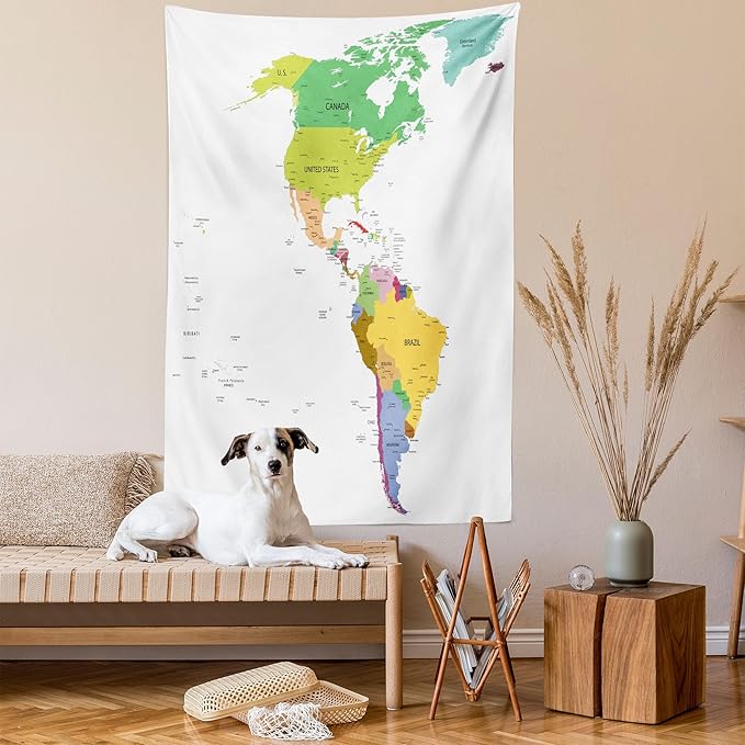 Ambesonne Map Tapestry Twin Size, Map of South and North America with Countries Capitals and Major Cities Colorful Design, Wall Hanging Bedspread Bed Cover Wall Decor, 68" X 88", Green White