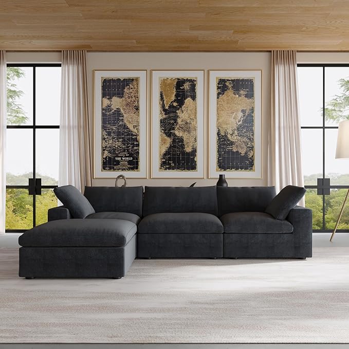 JACH L-Shaped Cloud Sectional Couches for Living Room, Modular Convertible Sofa, Ottoman with Storage, Thick Cushions, Couch Covers Removable, Cloud Sectional Sofas for Apartment (Black)
