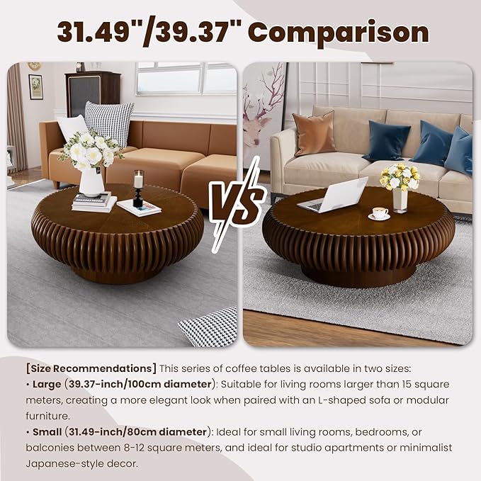 Round Drum Coffee Table for Living Room, Mid Century Modern Coffee Table with Sturdy Pedestal, Farmhouse Fluted Circle Center Table Accent Tea Table for Apartment (Large Walnut)
