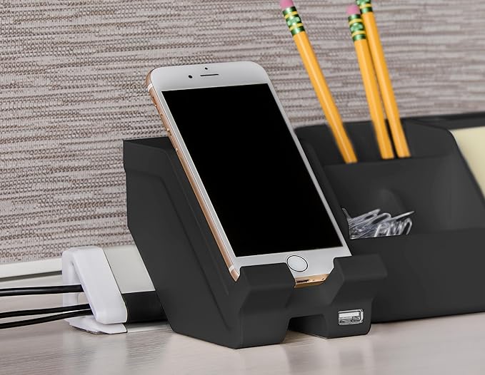 Bostitch Office Bostitch Konnect 9-Piece Desktop Organizer Kit, Includes Cable Management Rails, Charging Phone Dock, Tape Dispenser, Sticky Notes, Storage Bins, Black (KT-CKIT2-BLK)