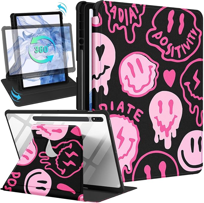 Wazzasoft for Samsung Galaxy Tab S7/S7 Plus/S8 Plus Case - 12.4 Inch Folio Cover with Pencil Holder - Women/Girl Cute Girly Black Flower Unique Design - Rotating Tablet Case