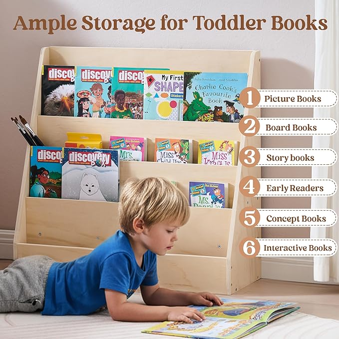 Montessori 5-Tier Kids Bookshelf & Organizer, Pine Plywood Forward-Facing Book Display Shelf for Playroom, Nursery & Classroom