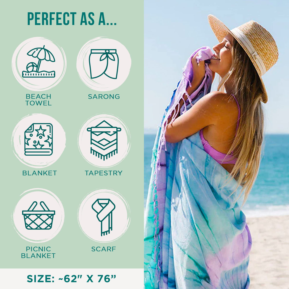 Sand Cloud Extra Large Turkish Beach Towel - Sand Resistant - 100% Organic Turkish Cotton Yarn - Quick Dry Towel for Beach, Picnic Blanket or Throw - As Seen on Shark Tank - Tie Dye (Luna)