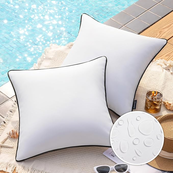 Phantoscope Pack of 2 Outdoor Waterproof Throw Pillow Covers with Contrast Piping, Decorative Square Cushion Case Patio Pillows for Couch Tent Sunbrella, Pure White 18x18 inches