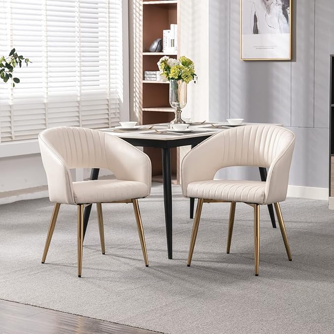 Modern Dining Chairs Set of 8, Upholstered PU Leather Gold Dining Room Chairs with Hollow Back, Accent Armrest Kitchen Chairs with Gold Legs for Living Room Cream