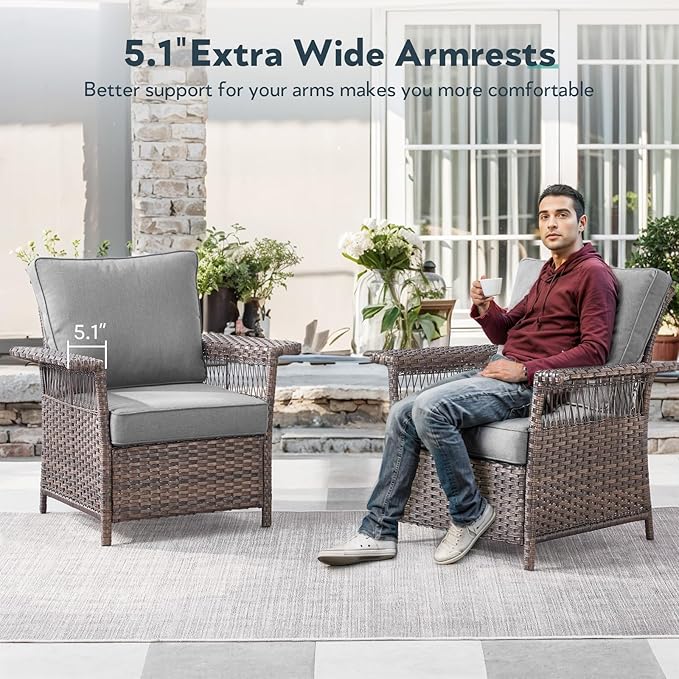 5 Pieces Wicker Patio Furniture Set - Hollow Widen Armrests Outdoor Rattan Chairs, 3 Seat Sofa with Coffee Table & Side Table, Small Patio Convention Set for Deck and Backyard - Brown/Gray