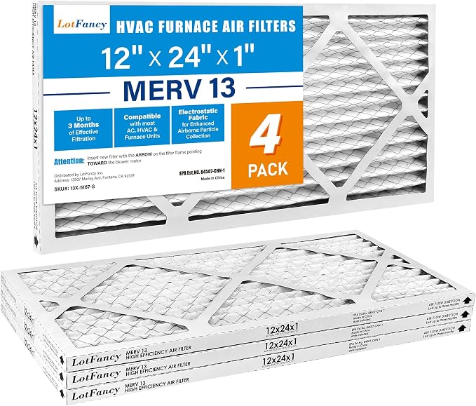 LotFancy 12x24x1 Air Filter MERV 13 4-Pack, Electrostatic Pleated HVAC Furnace