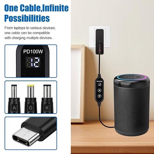 100W USB C to DC Charger Barrel PD Trigger Cable with 8 DC Conversion Heads and LED Display Screen DC 5V/9V/12V/15V/20V to DC Adapter Cable for Netbook Tablets Led Light Routers (3.9ft)
