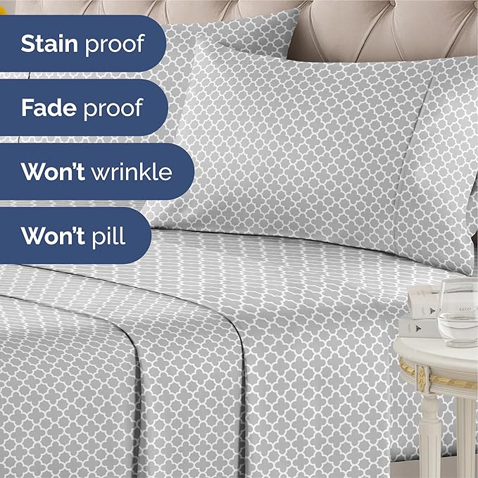 Grey Geometric Bed Sheets - 1 Flat & 1 Fitted Sheet & 2 Pillowcases w/ Deep Pockets – Wrinkle & Fade Free- Ultra-Soft, Breathable & Cooling - Luxury Moroccan Bed Set – Cal King Size - Gray Quatrefoil