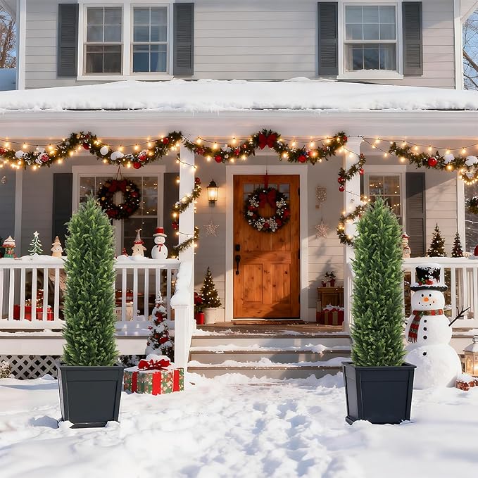 THE BLOOM TIMES 5FT Tall Artificial Cedar Topiary Trees Set of 2, UV Resistant Large Faux Cypress Evergreen Plants for Outdoor Planters, Realistic Fake Bushes & Shrubs for Front Porch Christmas Decor
