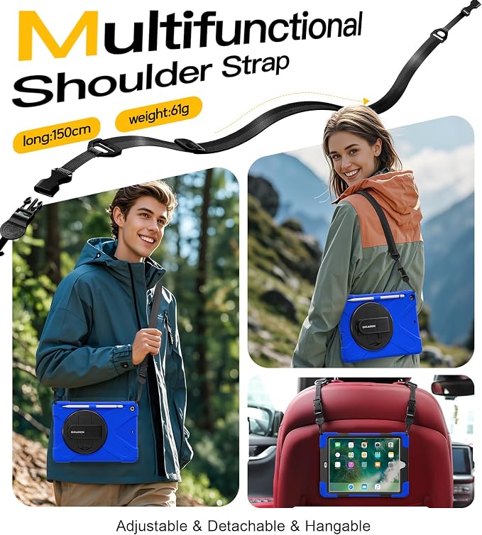 BRAECN Case for iPad 6th/5th Generation - 9.7 inch 2018/2017 Black | Protective Heavy Duty Shockproof Rugged Cover for Kids/Adults 360° Rotating Hand Strap/Stand &amp Detachable Shoulder Strap