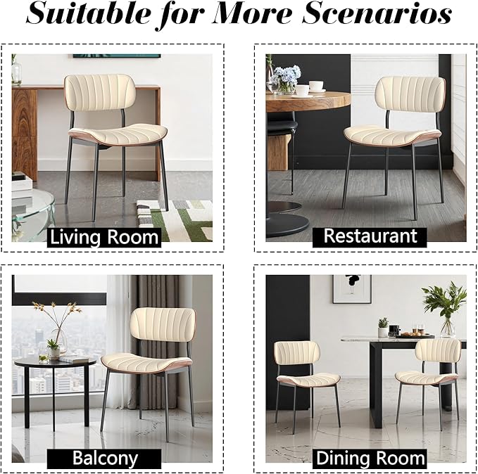 Modern PU Leather Dining Room Chairs Set of 6, Upholstered Kitchen Chairs with Curved Wood Backrest and Metal Legs Adjustable Feet for Kitchen Dining Room(Beige)