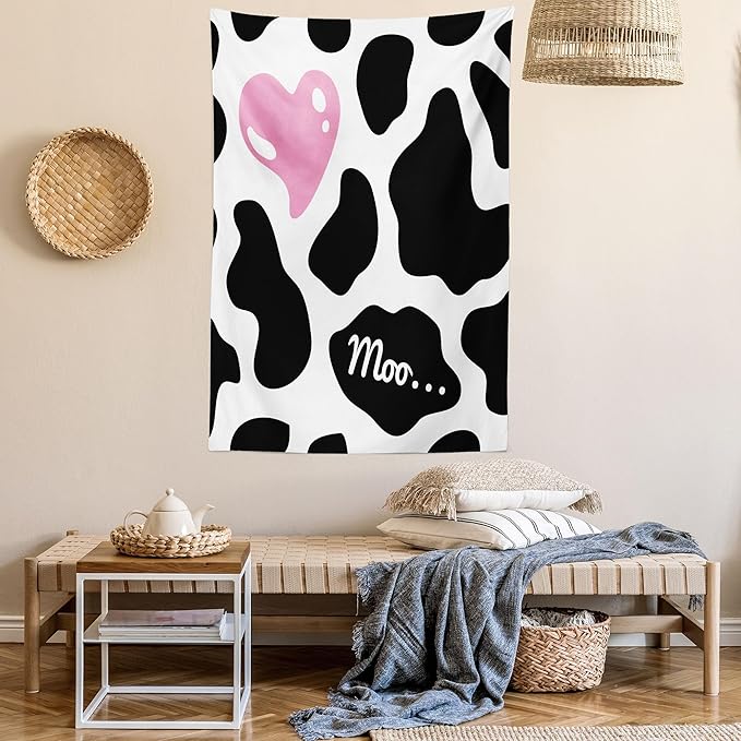 Ambesonne Cow Print Tapestry, Camouflage Hide Skin Pattern in Pastel Color Shades Heart Shape Moo, Fabric Wall Hanging Decor for Bedroom Living Room Dorm, 23" X 28", Pink Black White