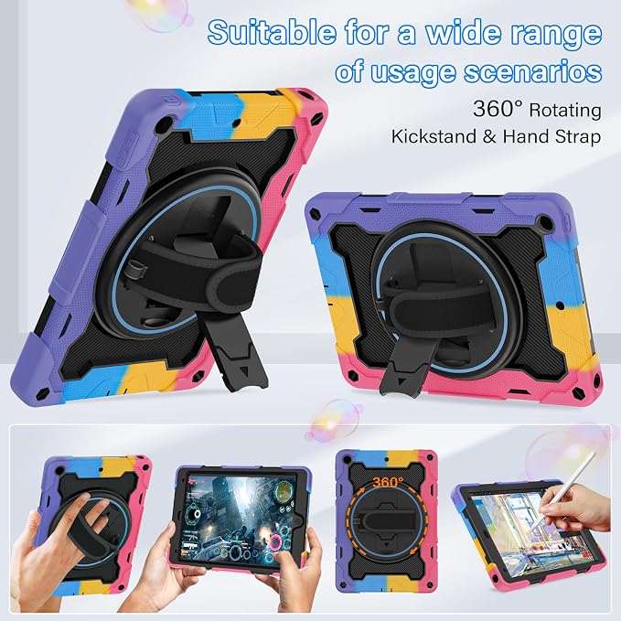 for iPad 9th 8th 7th Gen Case 10.2 inch with Screen Protector | 360° Rotating Kickstand Hand Strap Shoulder Strap Heavy Duty Military Grade - Kids Friendly
