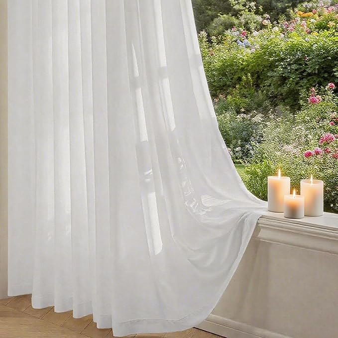 Non-See-Through White Privacy Sheer Cafe Curtains 84 inches Long 2 Panels
