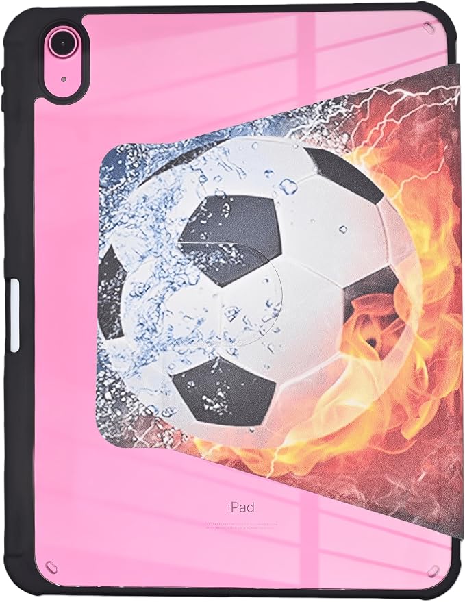 Rotating Case for iPad (A16) 11th/10th Generation 10.9'' inch 2025/2022 Soft TPU Back Cover Bump Drop Resistance Built-in Pencil Holder Adjustable Stand Auto Wake/Sleep Soccer Ball