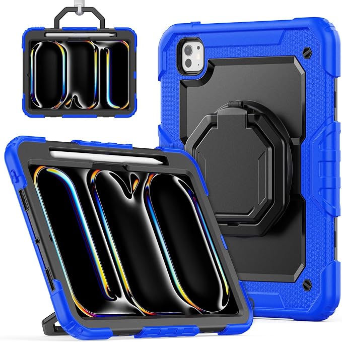 for iPad Pro 11 inch Protective Case M5 2025/M4 2024: Heavy Duty Shockproof Case with Pencil Holder - 360°Rotating Handle/Stand - Screen Protector - Shoulder Strap Black/Sky Blue