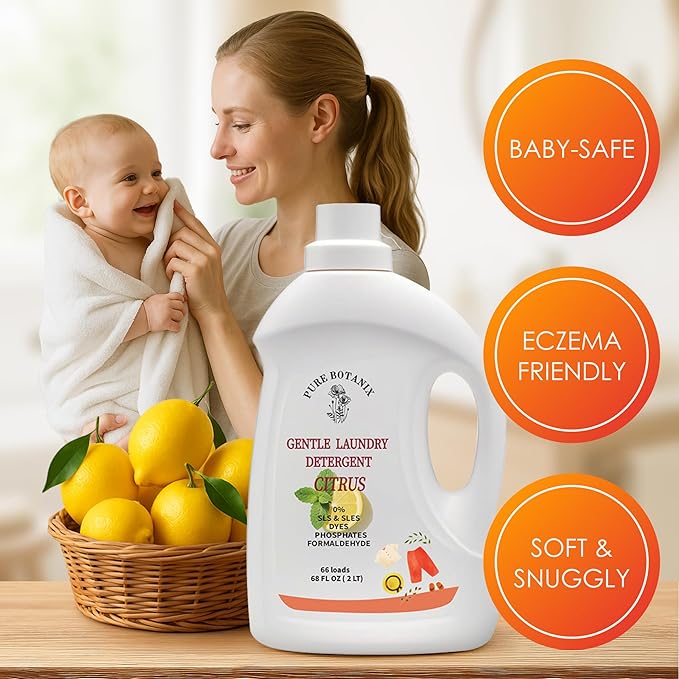 Citrus Organic Plant- Based Laundry Detergent 68 Fl Oz | 66 Loads, Natural Hypoallergenic Non-Toxic Soap for Sensitive Baby Skin. Concentrated Enzyme Stain Remover, Sulfate Free