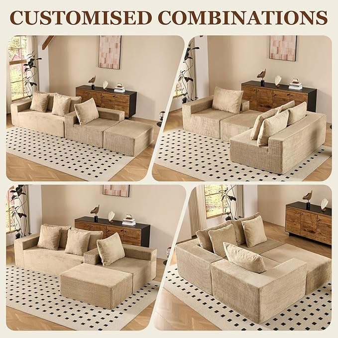 INGEROOM 108" Cloud Sectional Couch with L-Shape Chaise, Modular Sofa Memory Foam, Boneless Sofa with Movable Ottoman, Plush Corduroy Memory Foam Couch for Living Room, No Assembly, Beige Taupe