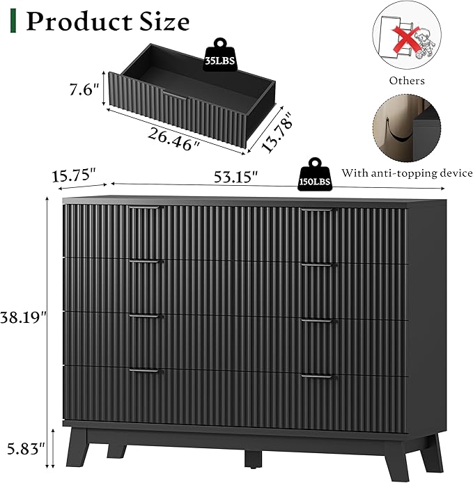Fluted Dresser with 8 Drawers, 54" Wide Modern Chest of Drawers with Metal Handle, Wooden Dresser TV Stand, Wood Closet Clothes Storage Organizer for Bedroom, Living Room, Hallway, Solid Black