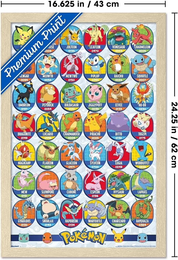 Pokémon: All-Time Favorites - Grid Wall Poster, 22.4L" x 14.7W", Blonde Framed Version