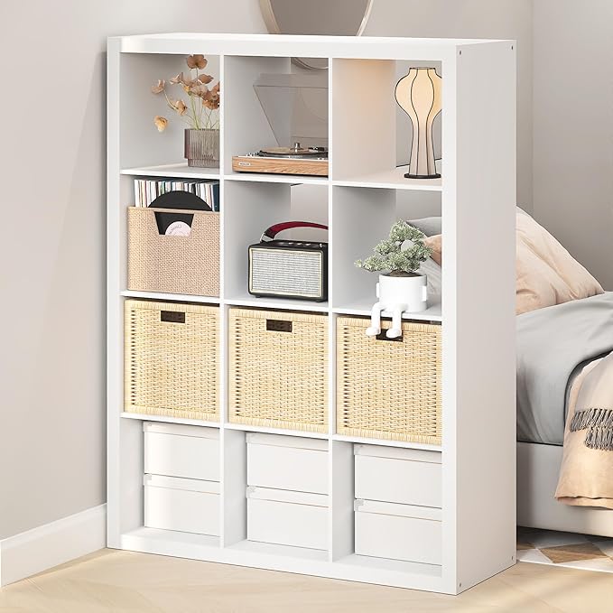 Furinno Cubicle Record Player Stand with Vinyl Storage, 12-Cube Vinyl Record Storage, 1.65" Triple Thick Open Back Media Shelf for CD DVD Blueray Game Disc, for Living Room, Home Office, White