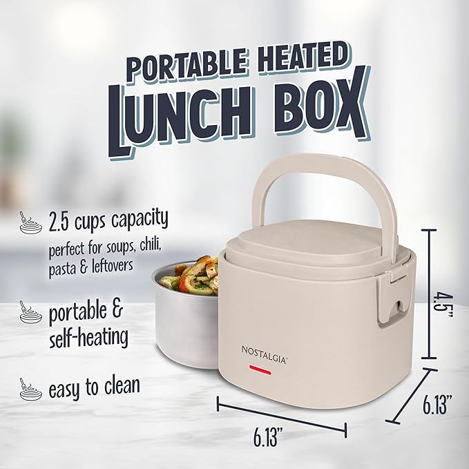 Nostalgia Portable Heated Lunch Box – 2.5-Cup Stainless Steel Food Warmer – Detachable Cord, Leak-Proof Lid, Carry Handle – Portable for Work & Travel – Oatmeal