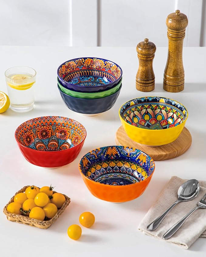 vancasso 26oz Cereal Bowls Set of 6, Boho Ceramic Soup Bowls with Colorful Bohemian Pattern, Microwave & Dishwasher Safe Serving Bowls for Salad, Oatmeal, Pasta, KRVI Series