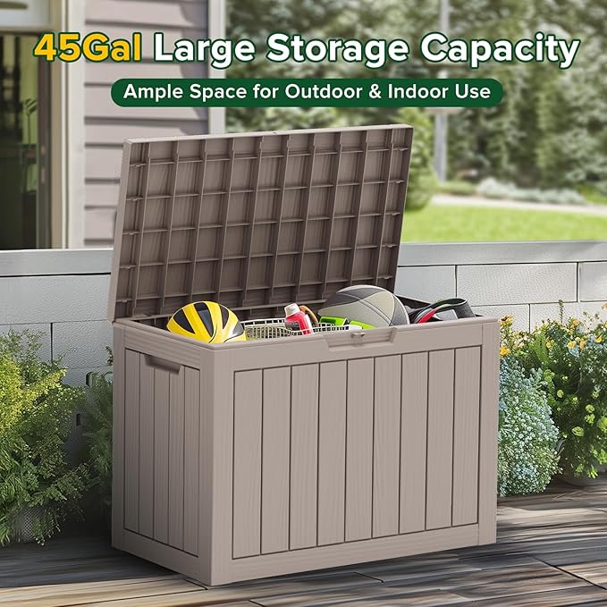 45 Gallon Outdoor Storage Box Waterproof, UV Resistant Deck Box Outdoor, Lockable Resin Deck Boxes for Garden Tools Equipment and Cushions, Gray