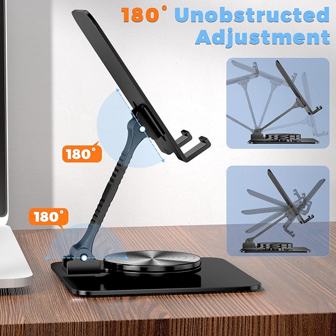 360 Rotatable Foldable Phone Stand for DeskFully Adjustable Desktop Phone Holder Cradle Dock Compatible with iPhone 17 16 15 14 13 12 11 Pro MaxTabletsAll Phones(Black)