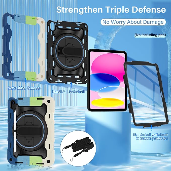for iPad 9th 8th 7th Gen Case 10.2 inch with Screen Protector | 360° Rotating Kickstand Hand Strap Shoulder Strap Heavy Duty Military Grade - Kids Friendly