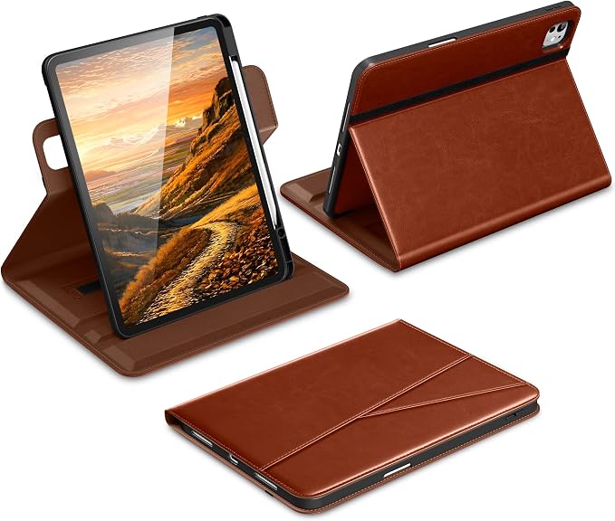 DTTO for iPad Pro 13 Inch Case M5 / M4 (2025/2024) Brown | 360 Degree Rotating Premium Faux Leather Folio Stand Cover with Pencil Holder Auto Sleep/Wake Multiple Angles