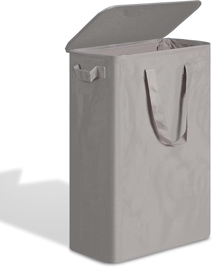 efluky Slim Laundry Basket with Lid, Narrow Laundry Hamper with Handles, Collapsible Dirty Clothes Hamper, Tall Laundry Bin for Laundry Room, Dorm and Bedroom, 55L Grey