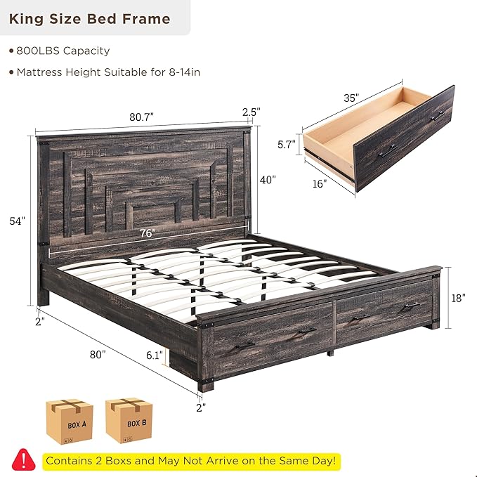 T4TREAM Farmhouse King Size Bed Frame with 54" Tall Geometric Headboard & 2 Large Storage Drawers, Rustic Wood Platform Bed with Wood Slats Support, No Box Spring Needed, Dark Rustic Oak