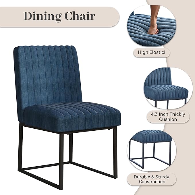VKNOW Upholstered Dining Chairs Set of 4, Modern Dining Room Chairs with Stripe, Linen Kitchen Chair Dinner Chair with Black Metal Base for Kitchen Office, Blue