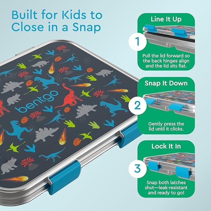 Bentgo Kids Stainless Steel Prints Leak-Resistant Lunch Box - 3-Compartments with Bonus Silicone Container, Durable, Eco-Friendly, Dishwasher Safe, BPA-Free, Ideal for School, Ages 3+ (Dinosaur)