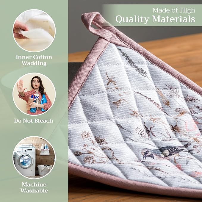 Maison d' Hermine Pot Holders 100% Cotton Heat Resistant Potholders 8" x 8" Hot Pads with Loop BBQ, Cooking, Grilling, Kitchen, Handling Hot Pans Spring/Summer (Pack of 1, Meadow Florals - Brown)
