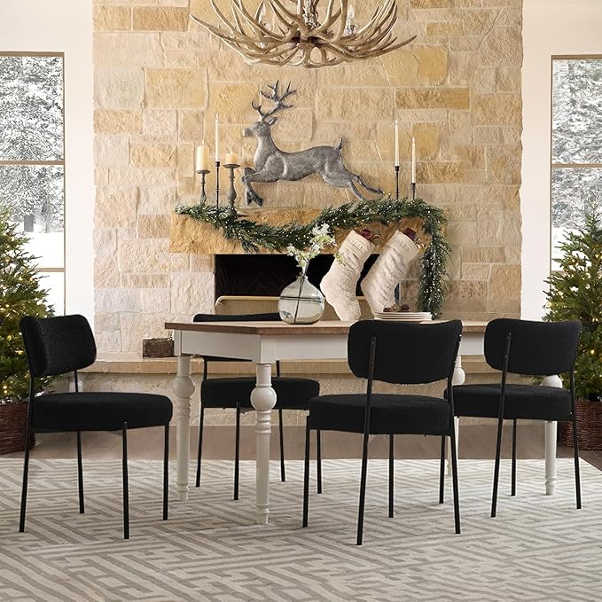 Black Dining Chairs Set of 2, Dining Room Chairs with Curved Backrest, Modern Boucle Dining Chairs with Upholstered for Living Room (2,Black)
