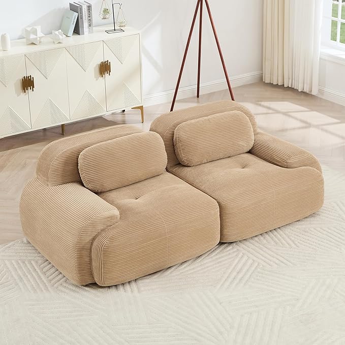 80" Modern Compressed Boneless Love Seat Couches, 2 Seater Large Sectional Couches for Living Room, Camel Corduroy Cloud Modular Sectional Sofa, Memory Foam, Extra Deep Loveseat, No Assembly