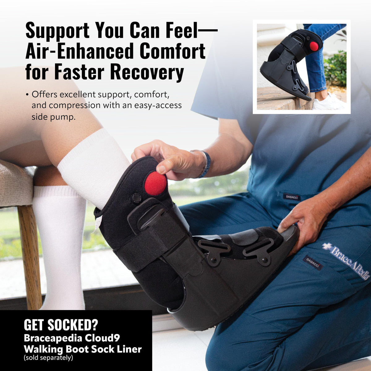 Braceapedia Short Air Compression Walking Boot Foot Brace - Side Pump Pneumatic Brace for Ankle Support & Foot Injuries - 360 Rocker Sole Cam Walker for Stress Fractures & Post-Op, Medium