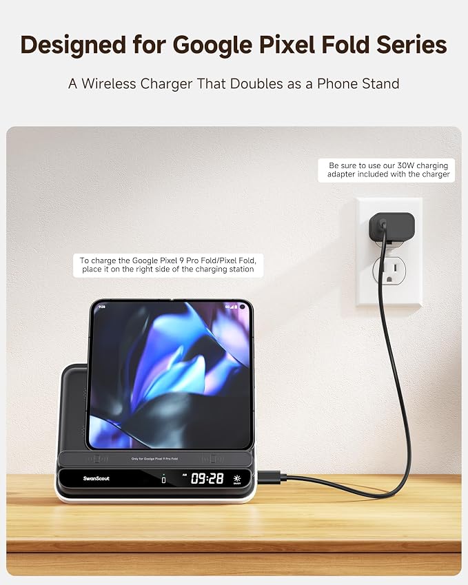 Dual Phone Wireless Charger for iPhone 17/16/15/14 Series for Galaxy S25/S24/S23/S22 for Pixel 9 Pro Fold/8/7 Only for Pixel Watch 3/2(Not for Watch 4/1) Fitbit Versa 4/3/Sense 2 SwanScout 710FG2
