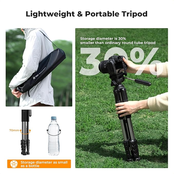 K&F CONCEPT Camera Tripod, 75" Lightweight Portable Travel Outdoor DSLR Tripods for Camera Phone Video Recording Tripod Stand, Cellphone Clip for Smartphone Live Streaming Vlog, Dark Grey