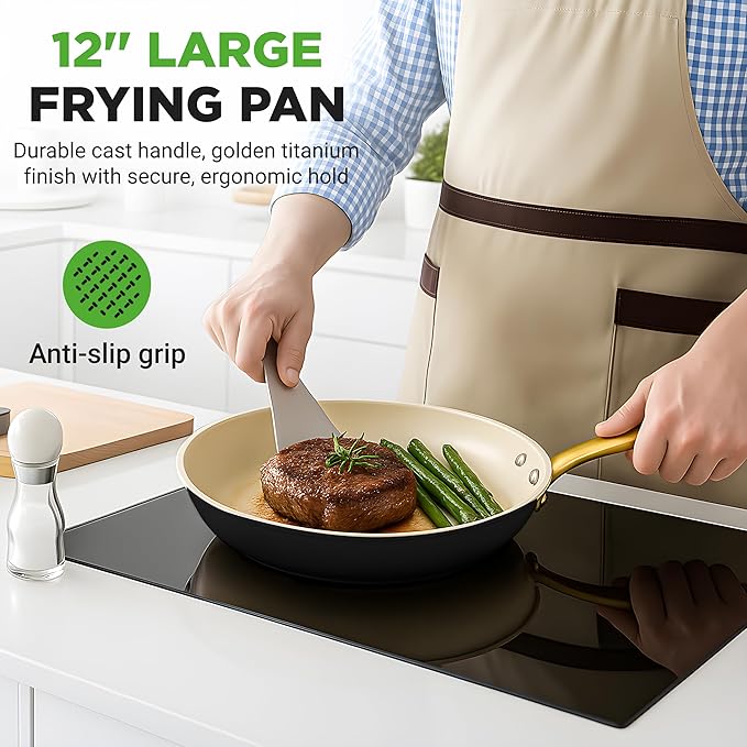 NutriChef 12 Inch Large Ceramic Coated Frying Pan - Non Stick Skillet with Titanium Handle, Omelet Pan Durable, Easy to Clean - Gas, Electric, Ceramic and Induction Compatible Cookware