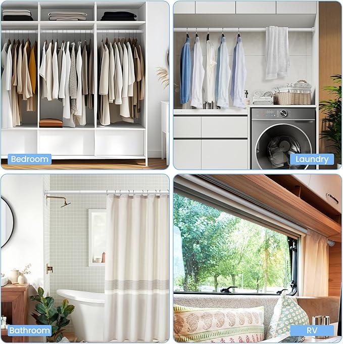 Closet Rods for Hanging Clothes, 17 to 28 Inch Heavy Duty Stepless Adjustable Closet Hanging Rod, 1.3 Inch Diameter Metal Closet Rod for Wardrobes Laundry Bedroom RV, White