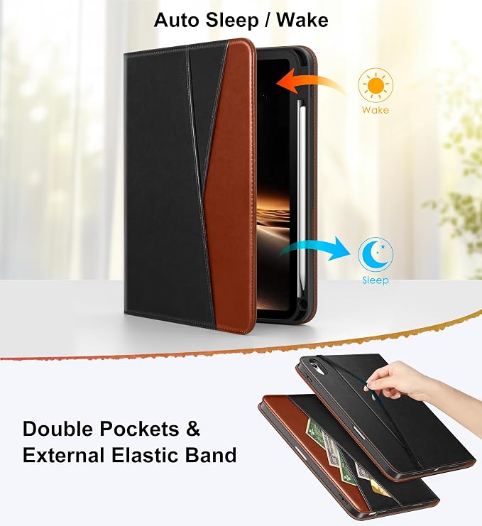DTTO for iPad Air 11 inch Case M4/M3/M2 (2026/2025/2024) Black | 360 Degree Rotating Premium Faux Leather Folio Stand Cover with Pencil Holder Auto Sleep/Wake Multiple Angles Hand Strap
