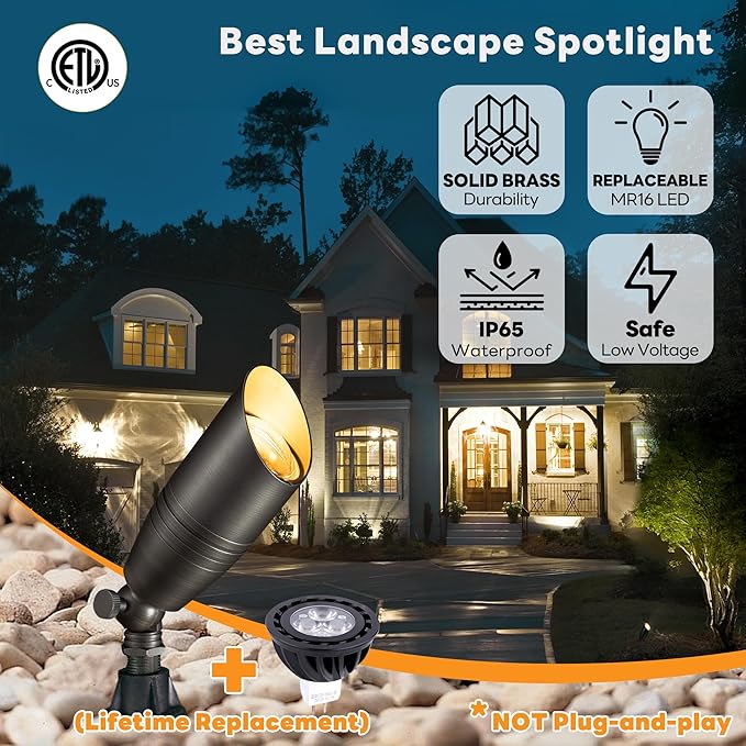 Low Voltage Spotlight LED - 12V Outdoor Light Fixture Weather Proof, Brass Landscape Lights Hardwired, Bronze Coastal for Flag Sign with Cool Light MR16 Removable Bulbs (10 Pack)