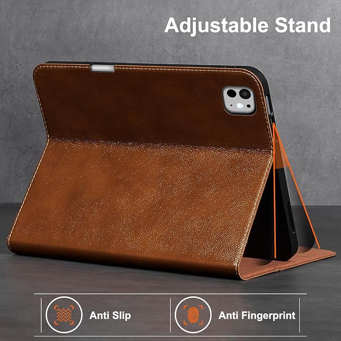 Gexmil Leather Case for iPad Pro 11 Inch M5/M4 2025/2024Crocodile Brown | Genuine Leather CoverPencil HolderMagnetic ClosureSmart Folio Auto Sleep/WakeProtectiveAdjustable Stand