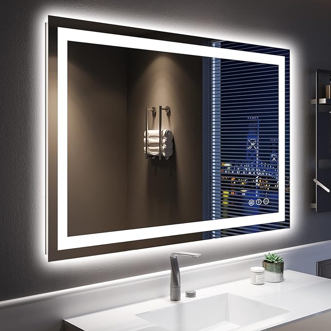 YEELAIT 48x32 Inch LED Bathroom Mirror with Lights Front and Backlit Lighted Vanity Mirror for Bathroom Wall with 3 Colors Dimmable Anti-Fog Memory Shatter-Proof IP54 Waterproof Horizontal/Vertical
